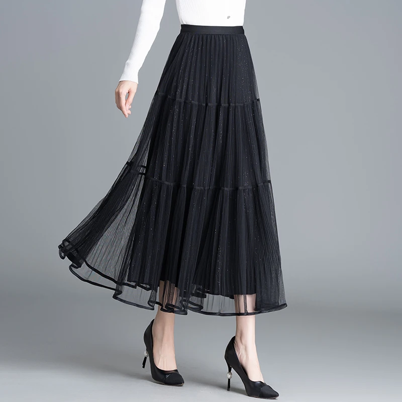 黑色网纱半身裙女2025春秋新款两面穿百褶a字裙显瘦中长裙大摆裙