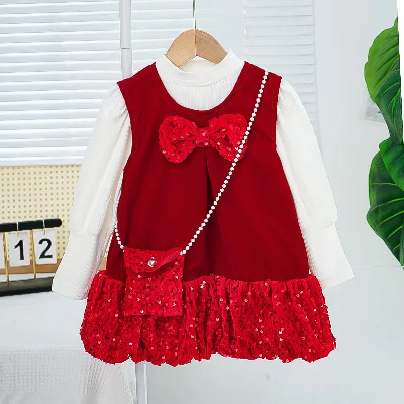 24年秋新款女童时尚闪洋气丝绒女孩生日公主儿童节连衣裙喜庆套装