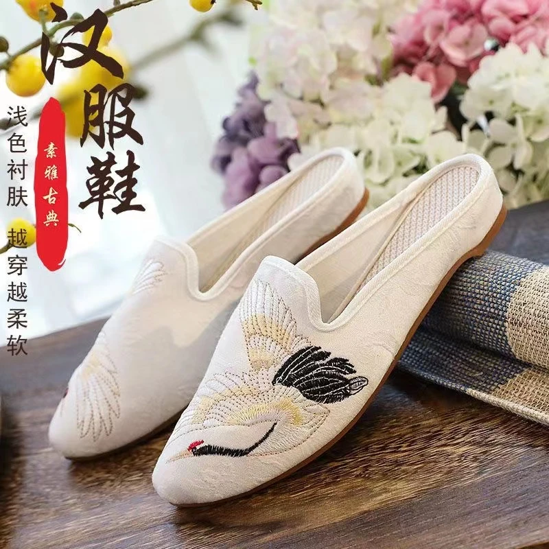 新款中国风高颜值古风拖鞋洋气外穿老北京布拖鞋女包头绣花半拖鞋