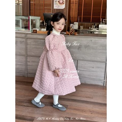 韩系裙子秋冬款女童圆领泡泡袖夹棉加厚中长款连衣裙时髦公主裙