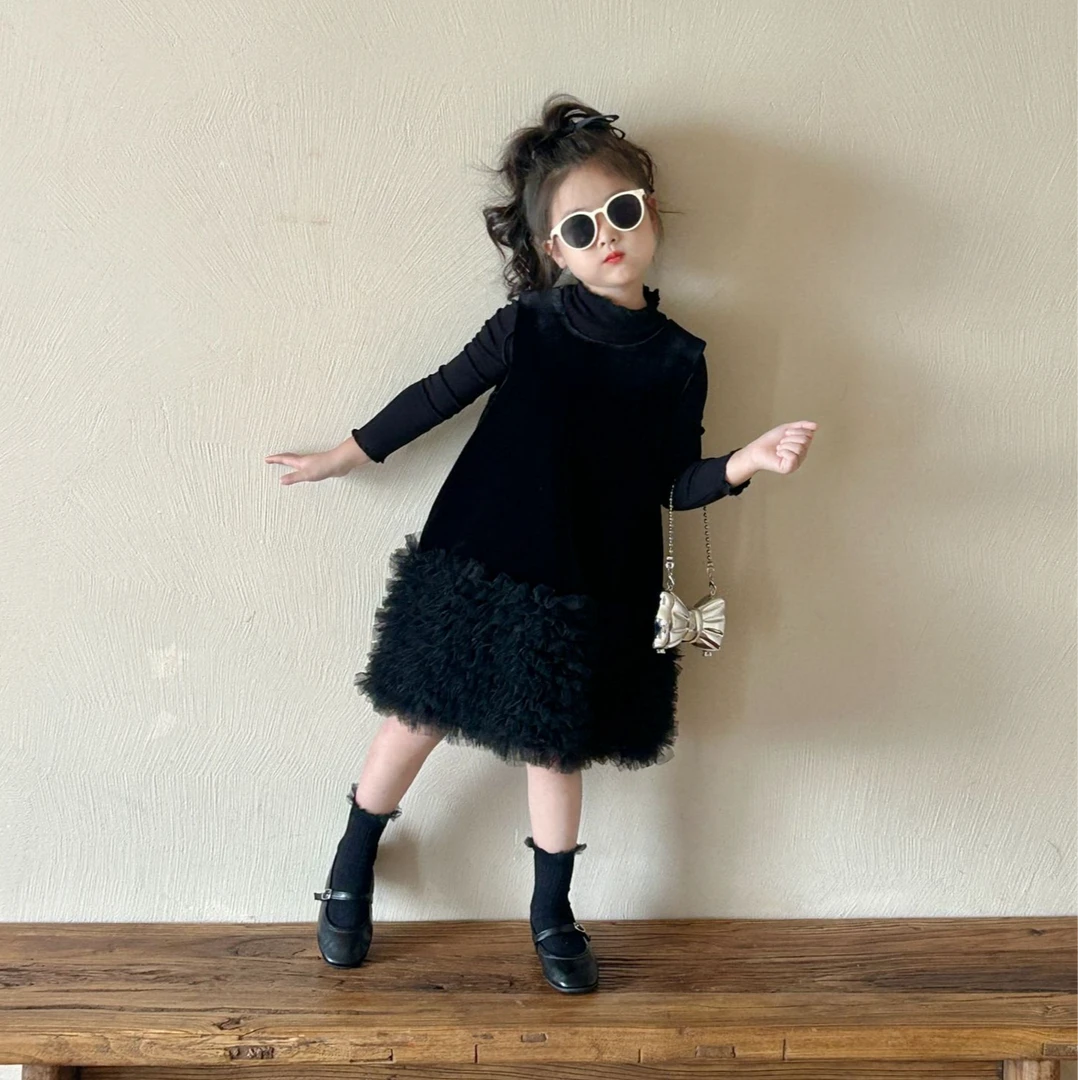 韩版秋季新款女童连衣裙丝绒多层蛋糕网纱拼接女童背心裙内搭T恤