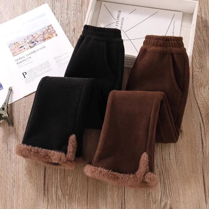 女童冬季加绒宝宝绒裤子2025加厚洋气灯芯绒喇叭裤外穿保暖一体绒