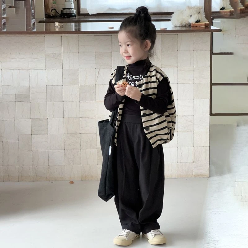 女童套装儿童韩系条纹春装长袖马甲童装女宝宝打底衫休闲裤三件套