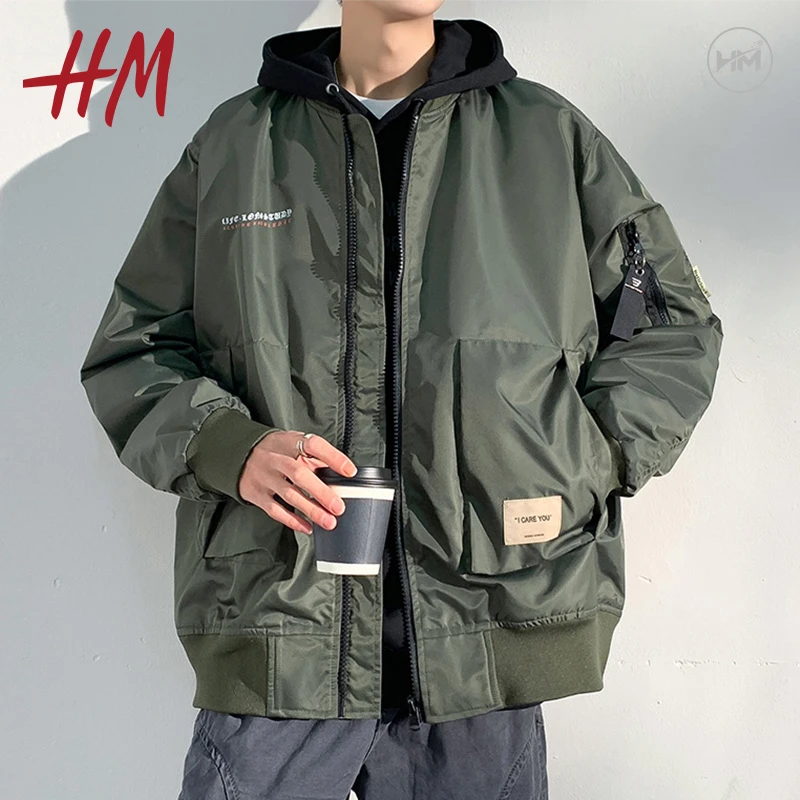 HM夹克男冬季高街棒球服外套美式复古飞行员情侣休闲工装潮流上衣