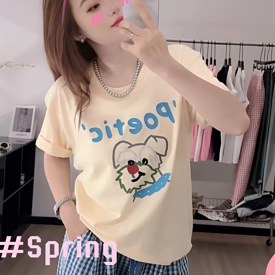 【雪纳瑞】夏季女装显瘦ins纯棉印花圆领卡通休闲时尚短袖t恤女L075