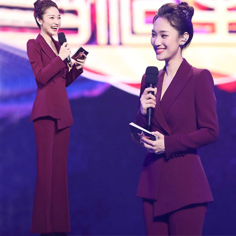 西装套装女薄款修身播音艺考酒红色气质西服主持人正装面试女士