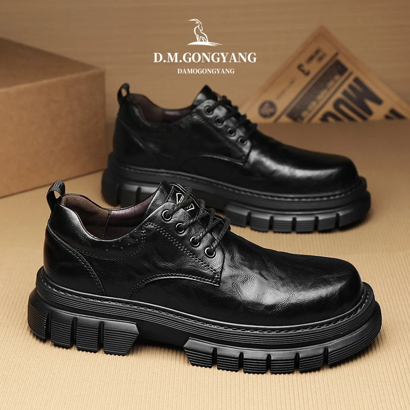 皮鞋男四季新款英伦工装马丁靴大头厚底休闲男鞋