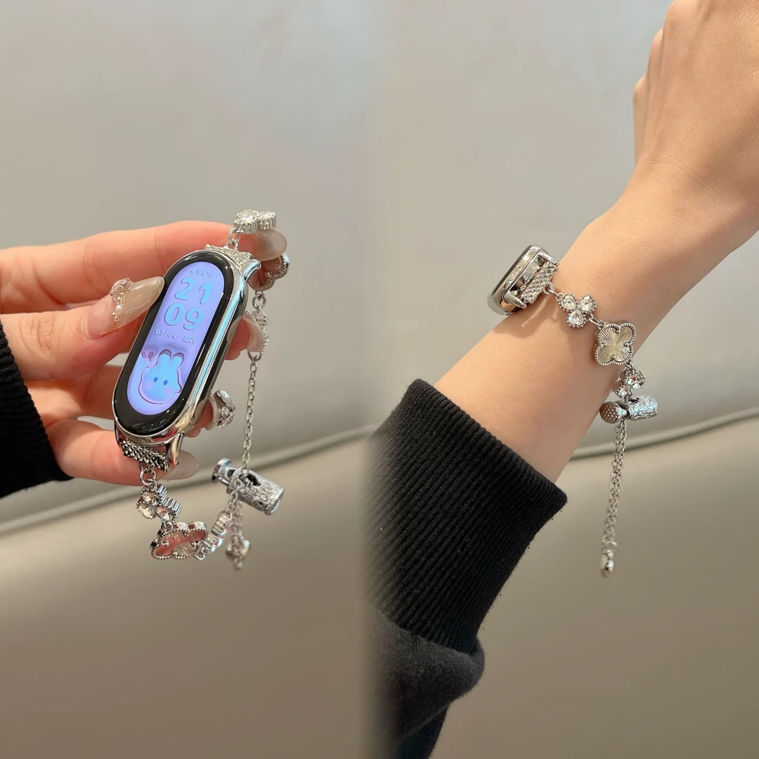 高级轻奢爆闪镶钻四叶草表带小米手环9pro适用于小米9/8夏季女款