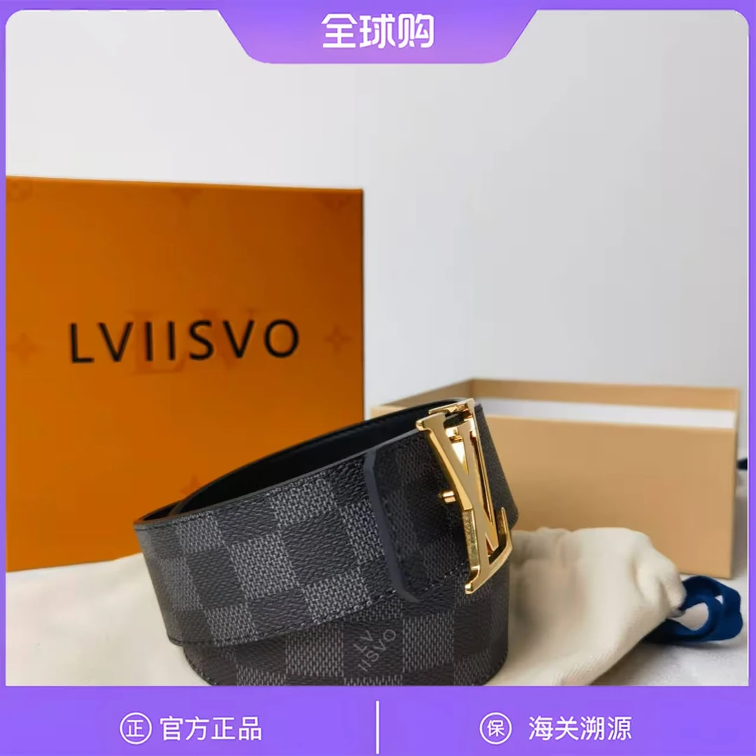 lviisvo路威丝平滑扣 棋盘格印花牛皮皮带男款经典 4cm金色M9095