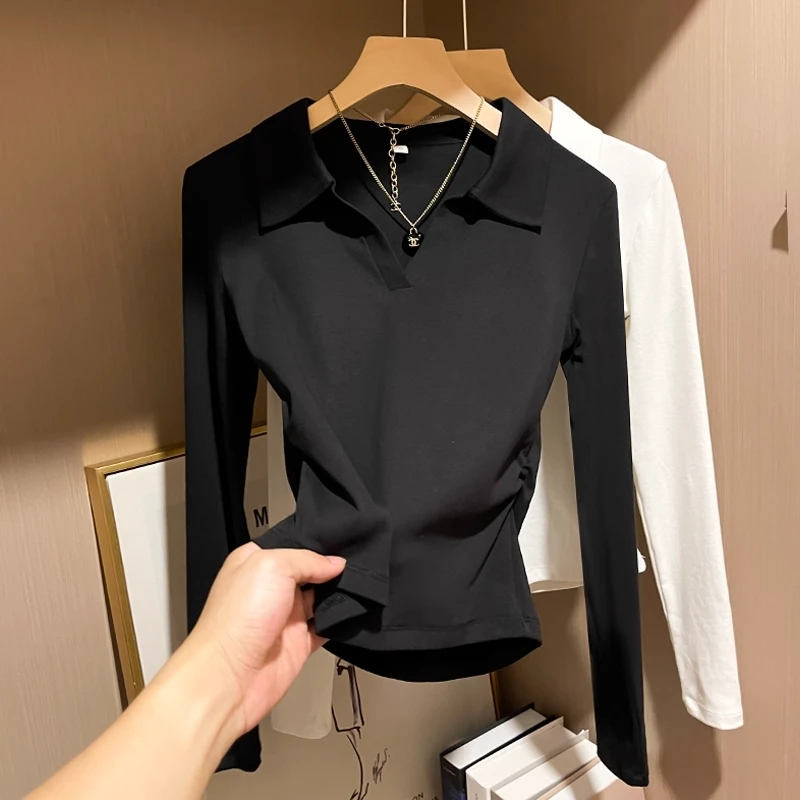 2025新款春秋季长袖打底衫女黑色POLO领休闲百搭褶皱收腰T恤上衣