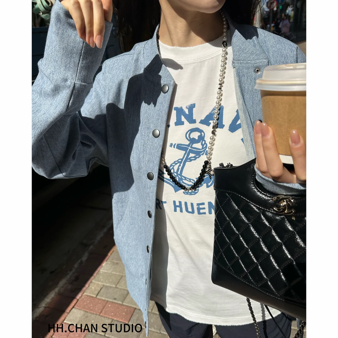 HH.CHAN“加勒比”100%棉蓝色图案纯棉印花设计师短袖
