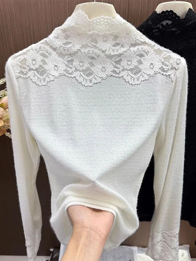 韩系高领蕾丝钩花打底衫女秋冬高级感配皮草内搭名媛风网纱上衣潮