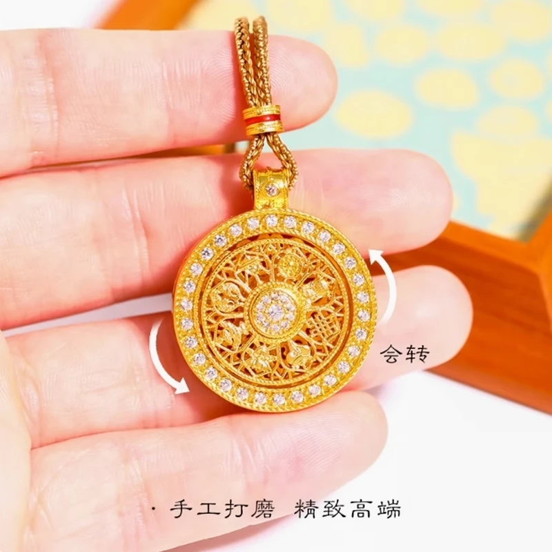 钛钢项链 镶钻吉祥八宝罗盘如意绳项链可旋转吊坠