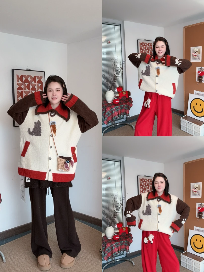 Noese复古有钱小猫撞色设计毛衣翻领款猫咪提花外套时髦毛衣女