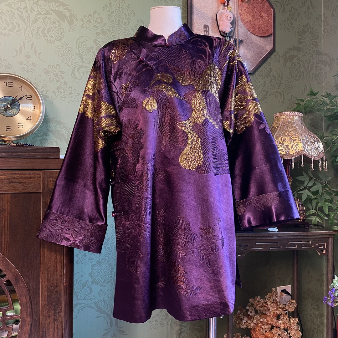 【绛紫鎏金】新中式老缎提花国风气质重工刺绣中长款双层上衣外套女
