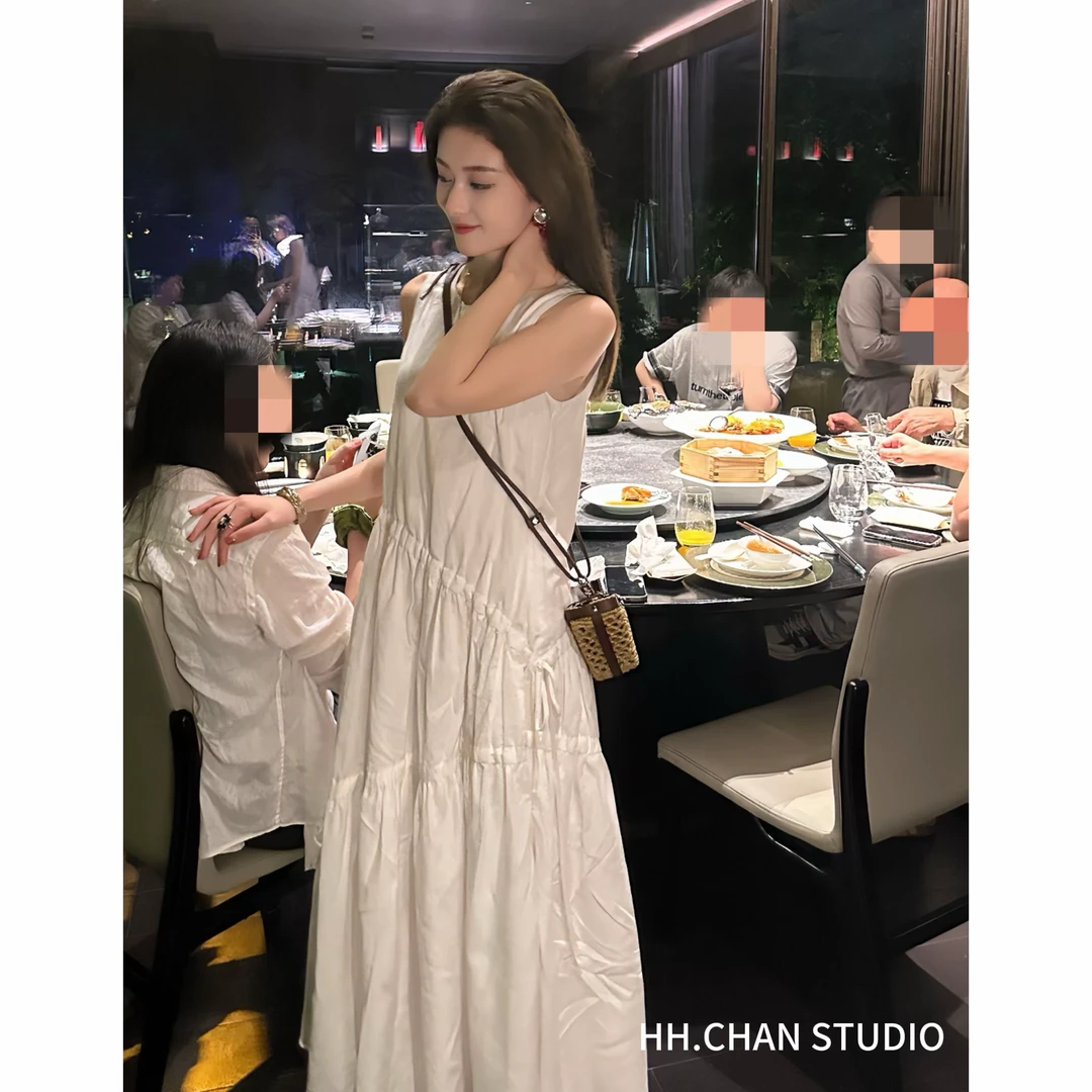 HH.CHAN“波浪白裙”定制亚麻棉不规则斜裁白色显瘦百搭连衣裙