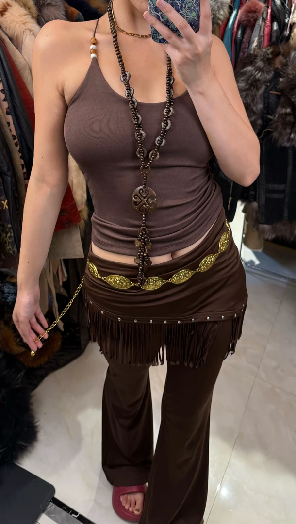 显瘦高弹紧身超薄废土嬉皮风中古风辣妹性感流苏铆钉喇叭裙裤套装