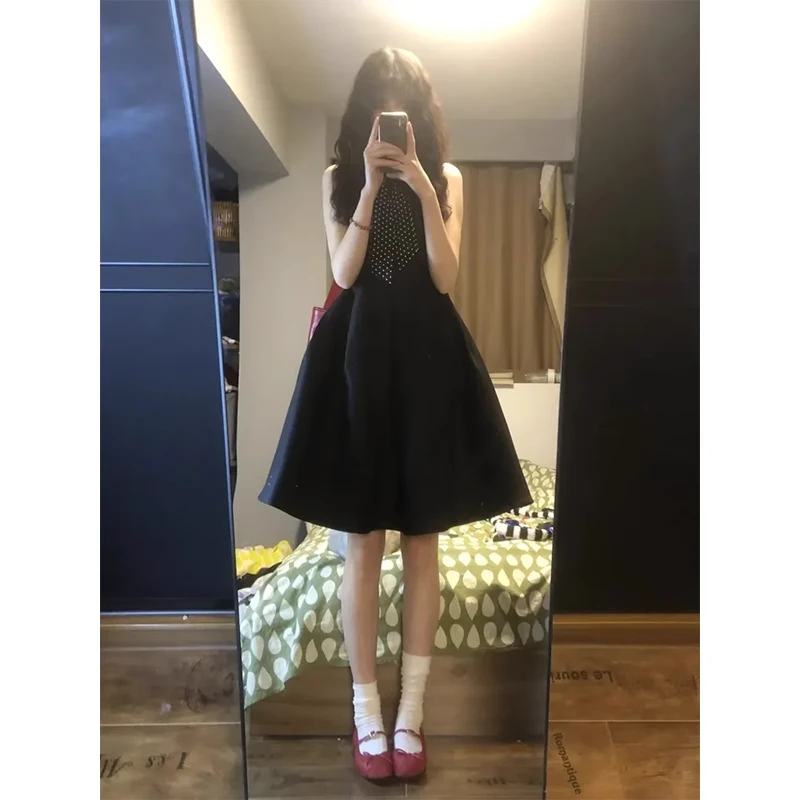 韩系学院风无袖背心连衣裙女夏季2025新款小个子收腰显瘦黑色短裙