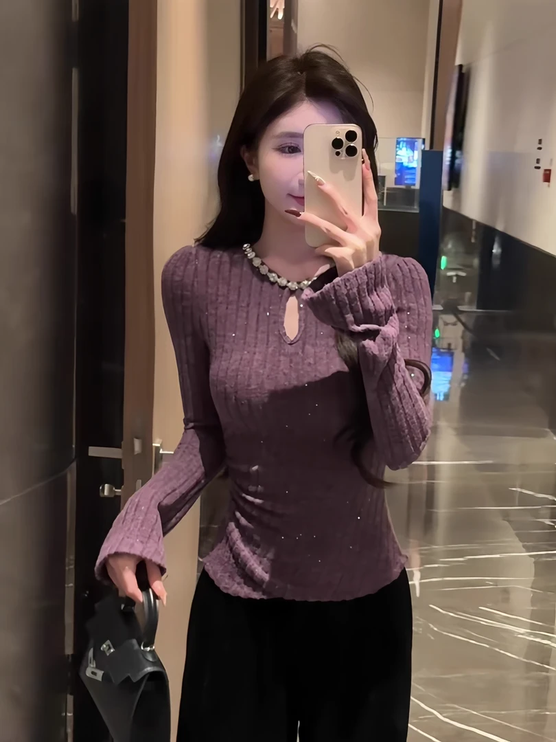 【嘎嘎】大码胖妹妹2025冬季微胖显瘦遮肉气质磨毛闪片上衣打底衫