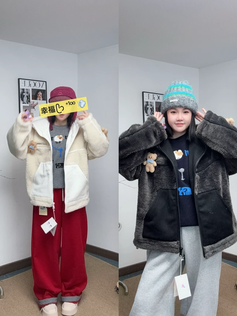 FRAILSTATE 可拆卸玩偶仿羊羔毛连帽外套女冬季新款毛绒保暖上衣