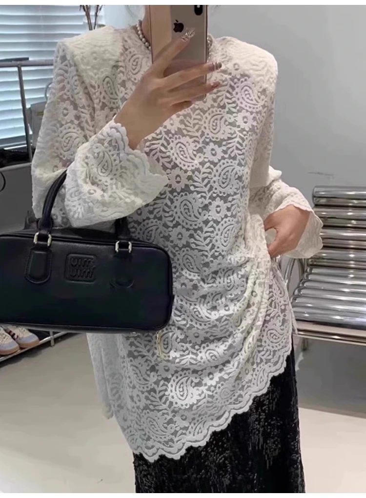 韩版丝绒网纱蕾丝提花慵懒风大版下摆开叉2024秋冬新款打底T恤女