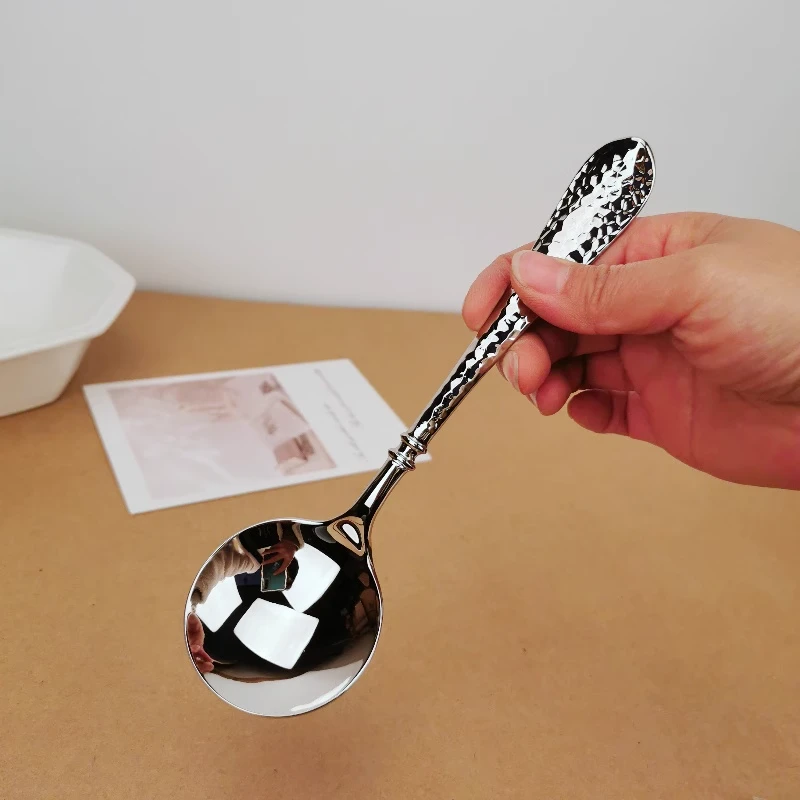 锤纹圆头喝汤勺18/10不锈钢钻面西餐勺子调羹餐具304吃饭勺子