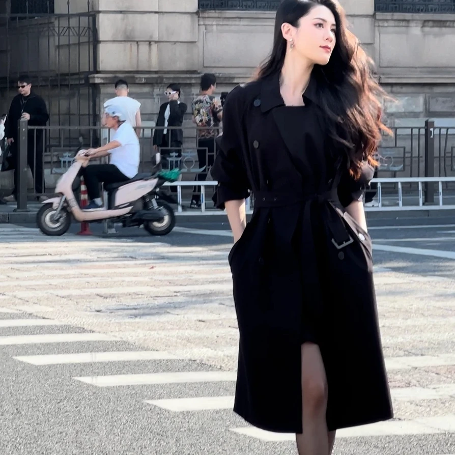 GIRDEAR/哥弟秋季百搭黑色双排扣附腰带显瘦风衣外套1400164