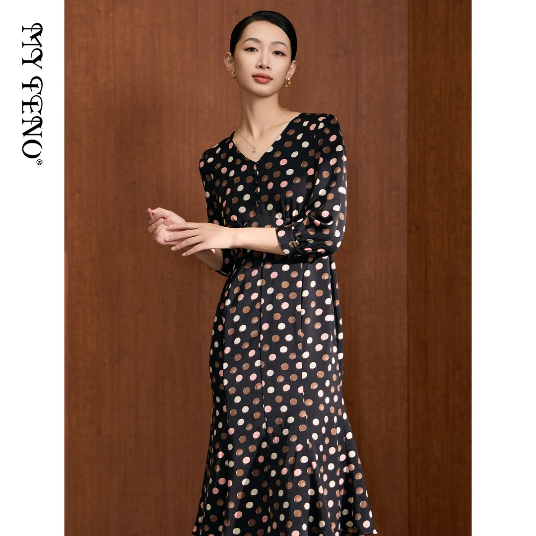 【粉丝专属】法式黑色时尚显瘦气质碎花波点连衣裙VDA683DRX0