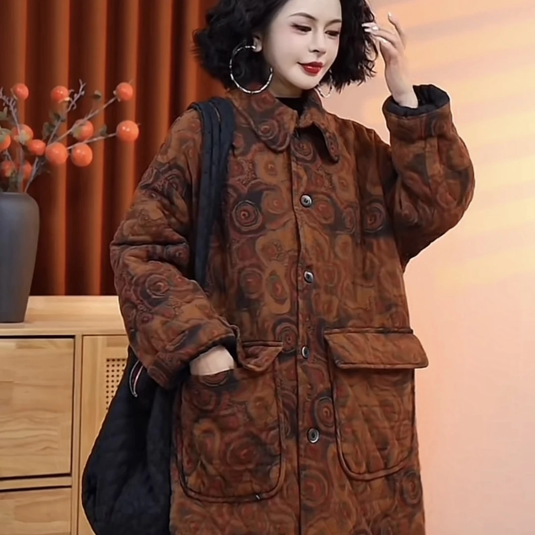【乔一推荐】2024冬季花色宽松保暖加厚长袖女款中长款棉服25803