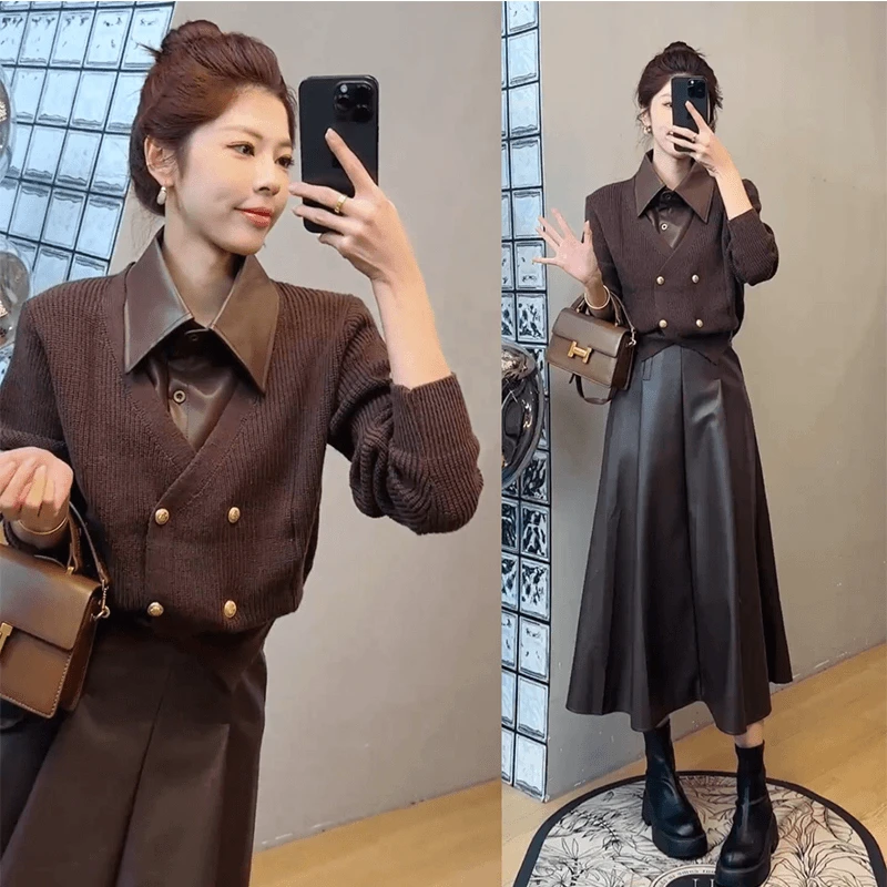 2024秋时尚洋气皮领拼接毛衣假两件外套+高腰显瘦A字显瘦半身皮裙