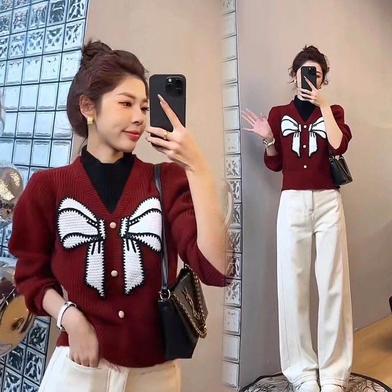 气质秋季新款气质轻奢女装假两件蝴蝶结针织衫配牛仔阔腿裤