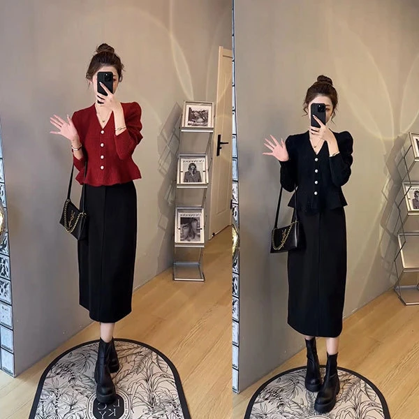 法式复古V领单排扣细闪鱼尾开衫毛衣 23年秋冬呢子半身裙套装