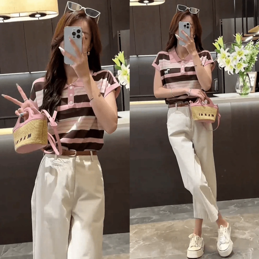 2025夏季新款气质撞色条纹正肩短袖t恤+纯色宽松简约9分裤休闲裤