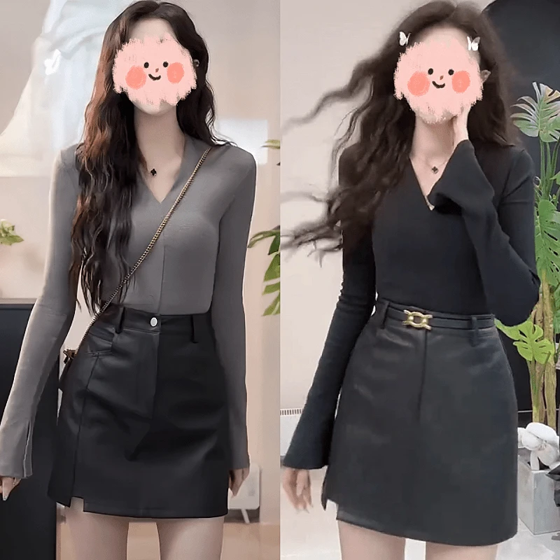 时尚洋气V领打底衫上衣修身T恤+高腰包臀皮短裙两件套套装显瘦女