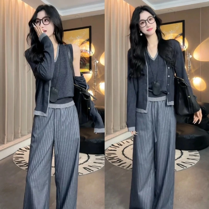 撞色拼接针织开衫+拼接V领无袖马甲+高腰休闲时尚抽绳宽松条纹裤