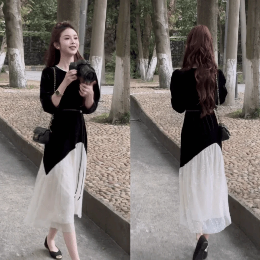 2024秋冬新款赫本风时尚气质亮片网纱拼接连衣裙长裙小黑裙女