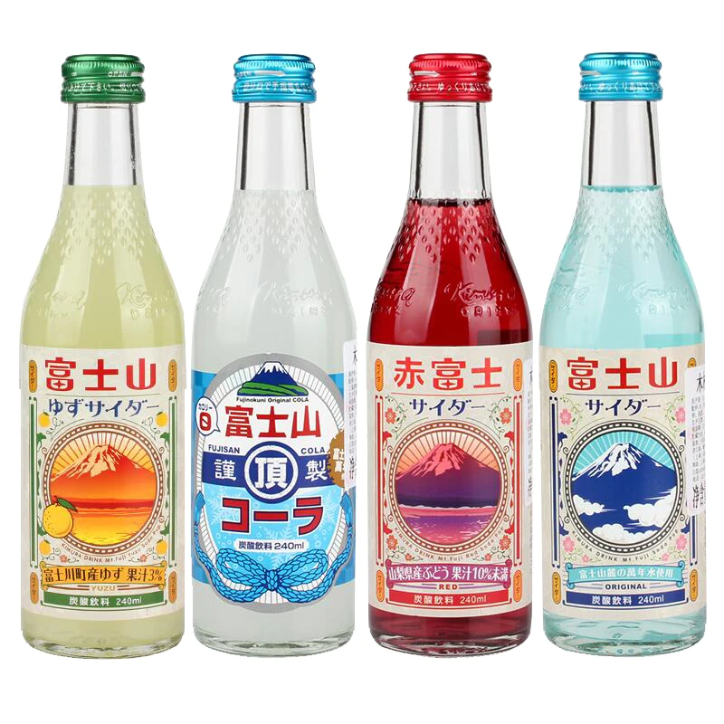 日本进口木村富士山汽水碳酸饮料240ml/瓶装原味西柚葡萄可乐味