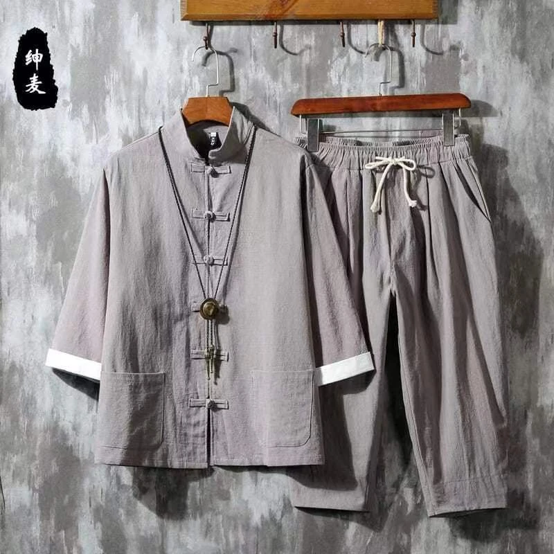 中国风亚麻套装男夏季七分袖男士麻汉服复古唐装中山装盘扣外套
