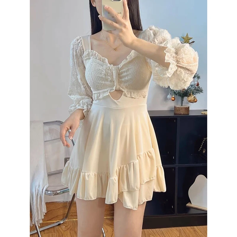 泳衣女裙式保守连体遮肚显瘦学生少女风长袖遮手臂泡温泉度假泳装