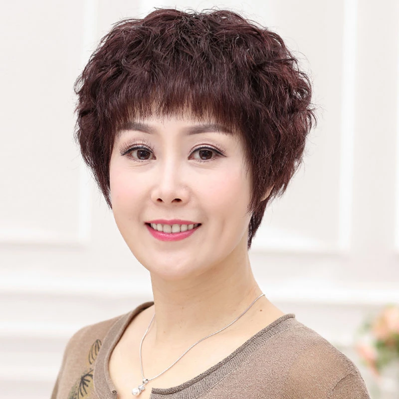 真发假发套女短发短卷发蓬松自然中老年人妈妈假头发套女真人发丝