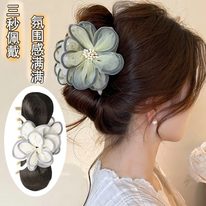 假发女夏季新款山茶花抓夹丸子头发包后脑勺蓬松鲨鱼夹盘发毽子头