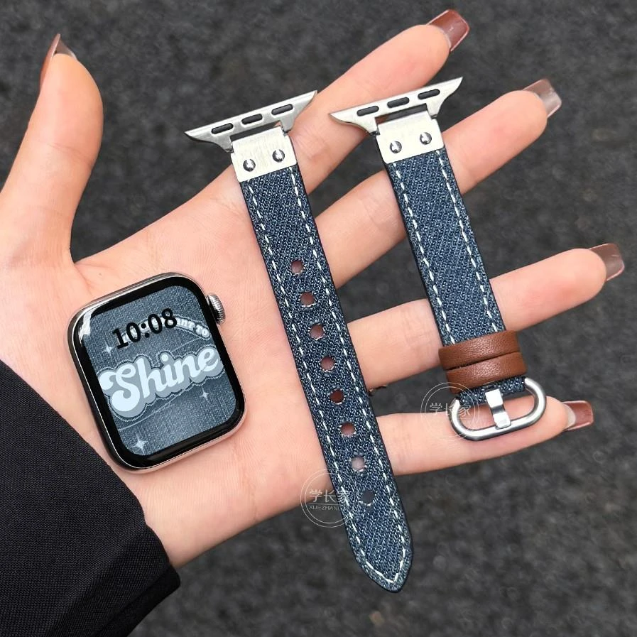 【金属牛仔新款表带】适用iwatchs10手表带新款女式s9牛仔腕带s8s7