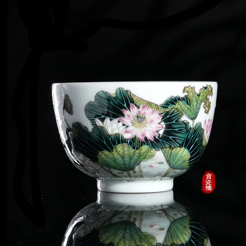 景德镇春风祥玉邹俊窑制 珐琅彩荷花鹭鸟杯 手工陶瓷茶具主人杯