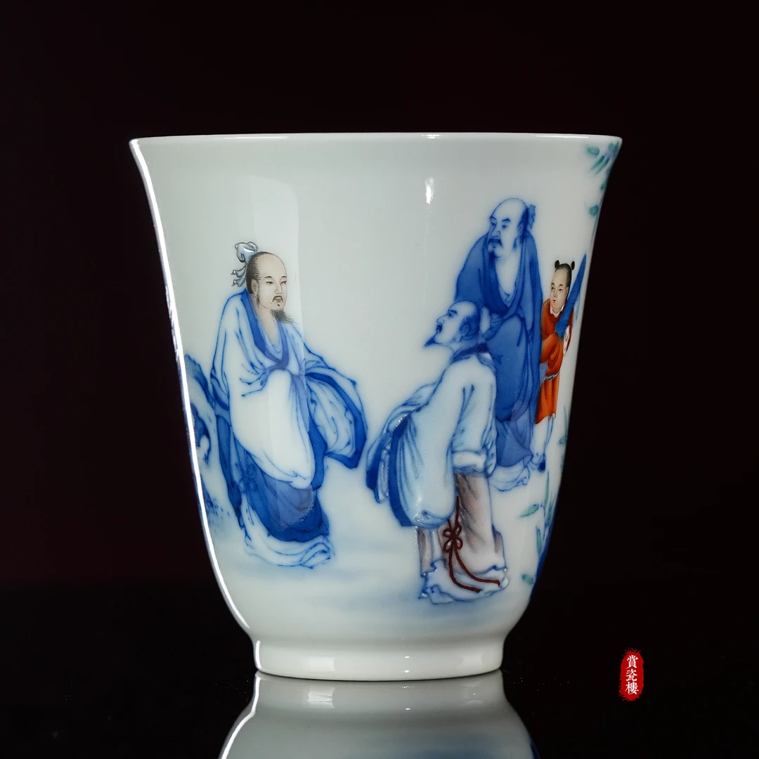 景德镇余寅窑 手绘青花加彩竹林七贤人物杯 手工陶瓷茶杯茶具特价
