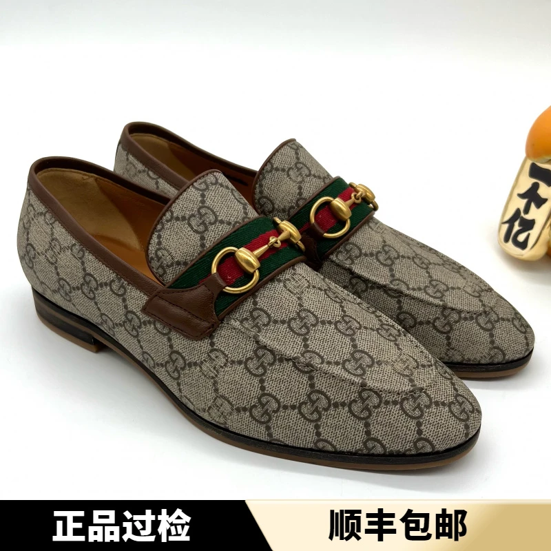 未使用 GUCCI/古驰 全新乌木色老花一脚蹬金色马衔扣乐福鞋多尺码