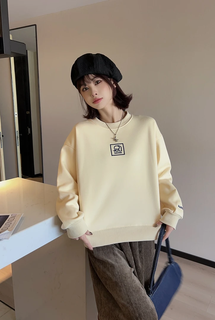 Y259冬季新款加绒韩版时尚刺绣小象宽松女士百搭圆领卫衣24-185