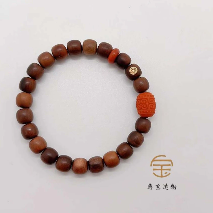 【吉祥】回纹南红珠雷击枣木老型珠手串