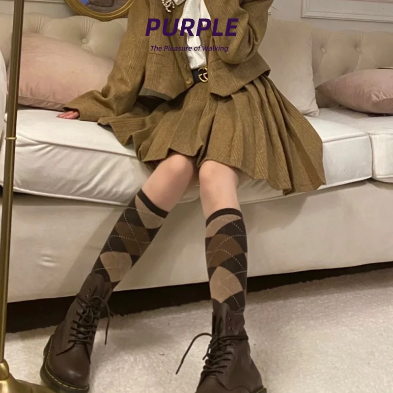 PURPLE GUYS英伦风菱格袜子女学院春夏复古日系长筒棉jk小腿袜
