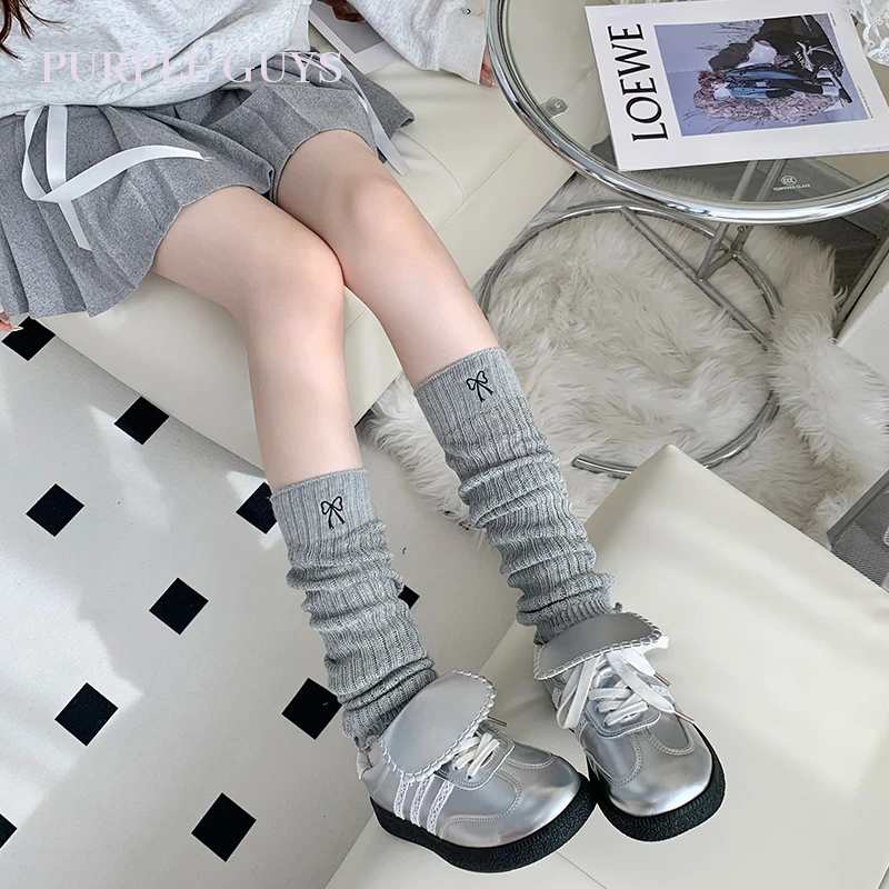 purpleguys刺绣蝴蝶结袜套女春秋季日系纯色针织jk小腿袜堆堆腿套