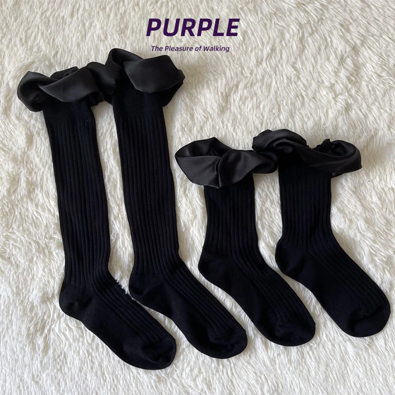 PURPLE GUYS旋转立体泡泡荷花边袜子女春夏季小腿黑色棉中筒袜